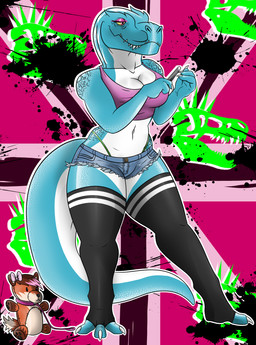 alternative_fashion anthro big_breasts blue_body bottomwear breasts claws clothing denim denim_bottomwear denim_clothing denim_shorts eye_bags female footwear jeans legwear long_socks makeup navel non-mammal_breasts non-mammal_navel panties pants pink_eyes punk scales shirt shorts socks solo tail tank_top thong_straps toe_claws topwear underwear union_jack white_body yellow_sclera lovemummification ava_shaw sam_alfred dinosaur prehistoric_species reptile saurischian scalie theropod tyrannosaurid tyrannosauroid tyrannosaurus tyrannosaurus_rex full-length_portrait hi_res portrait