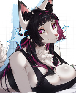 anthro bangs big_breasts black_clothing black_crop_top black_ear_tips black_hair black_inner_ear_fluff black_shirt black_tank_top black_topwear blunt_bangs breast_rest breast_squish breasts cheek_tuft chest_tuft cleavage closed_smile clothed clothing crop_top cropped_tank_top dipstick_ears ear_markings eyeliner eyeshadow facial_tuft female female_anthro fluffy fluffy_tail fur glistening glistening_eyes hair hime_cut huge_breasts inner_ear_fluff long_hair looking_at_viewer lying makeup mouth_closed multicolored_ears multicolored_hair on_front pattern_background pillow pointy_ears prick_ears purple_eyes purple_hair shirt simple_background smile solo sparkles squish straight_hair tail tank_top text three-quarter_view topwear tuft two_tone_ears two_tone_hair white_body white_ears white_fur white_tail zeminachan baiyu_(zeminachan) canid canine fox mammal 2026 absurd_res artist_name digital_drawing_(artwork) digital_media_(artwork) hi_res portrait signature
