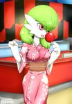 3_fingers apple asian_clothing breasts candy candy_apple clothing dessert detailed_background east_asian_clothing eating female fingers food fruit green_hair hair japanese_clothing japanese_festival kimono medium_breasts not_furry open_mouth plant red_eyes solo baterco nintendo pokemon ailin_gardevoir gardevoir generation_3_pokemon humanoid pokemon_(species) 2021 absurd_res dated hi_res signature