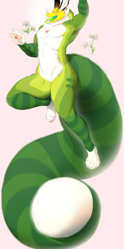 anthro featureless_chest featureless_crotch flower flower_(anatomy) fur green_body green_fur long_tail male male_anthro nude_anthro nude_male open_mouth pawpads paws pink_background plant simple_background solo tail thick_tail tongue tongue_out white_body white_fur yellow_body yellow_fur entitycore mythology snaps_(entitycore) dragon elemental_creature flora_fauna flower_creature furred_dragon furred_scalie mythological_creature mythological_scalie scalie absurd_res hi_res