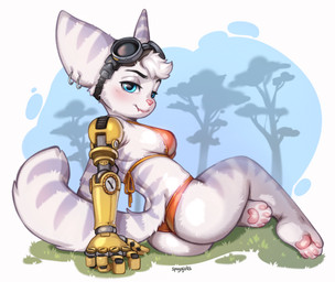 anthro bikini biped bite biting_lip biting_own_lip blue_eyes blush breasts butt clothing cybernetic_arm cybernetic_limb ear_piercing ear_ring eyewear eyewear_on_head female fur goggles goggles_on_head head_tuft medium_breasts on_ground pawpads piercing pink_nose pink_pawpads plant prosthetic prosthetic_arm prosthetic_limb rear_view ring_piercing self_bite solo swimwear tail text tree tuft two-piece_swimsuit white_body white_fur spuydjeks ratchet_and_clank sony_corporation sony_interactive_entertainment rivet_(ratchet_and_clank) lombax mammal 2023 artist_name digital_media_(artwork) hi_res