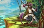 anthro backpack claws clothed clothing cloud compass costume discovery feathers forest happy hiking jungle machete male melee_weapon mountain paws plant river sky smile solo tree weapon sunny_way brikan dinosaur dromaeosaurid prehistoric_species reptile scalie theropod digital_media_(artwork) hi_res wallpaper