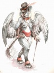 anthro beak biped breasts cane clothing feathered_wings feathers female genitals hat headgear headwear looking_at_viewer mostly_nude nipples non-mammal_breasts non-mammal_nipples pussy solo standing tail wings cara_mitten mythology avian gryphon mythological_avian mythological_creature