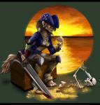 anthro armor bicorne biped black_bars bone breasts brown_body brown_eyes brown_fur brown_hair cleaver_(weapon) clothed clothing coin container cup detailed_background female fur goblet gold_(metal) gold_coin hair hat headgear headwear melee_weapon outside pirate_outfit sea seascape sitting skeleton skull sky smile solo sunset sword treasure treasure_chest water weapon stesha_di mammal mustelid otter hi_res letterbox