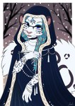 anthro blue_eyes cloak clothed clothing dress eyewear female glasses grey_hair hair highlights_(coloring) jewelry makeup ring snow solo wearing_glasses kinkypeach titania_(chromatic_bard) felid mammal pantherine snow_leopard absurd_res hi_res trans_(lore) trans_woman_(lore)