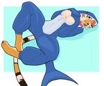 anthro barefoot blue_eyes breasts claws cleavage clothed clothing costume feet female fur looking_at_viewer lying on_back orange_body orange_fur plantigrade shark_costume smile solo spread_legs spreading toes f_draws lu_(f_draws) felid fish mammal marine pantherine shark tiger hi_res