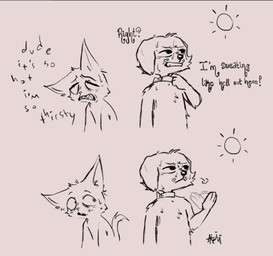 anthro biped bodily_fluids duo floppy_ears looking_at_another looking_at_partner male slim_anthro slim_male sun sweat sweatdrop sweaty_body akeivi canid canine canis domestic_cat domestic_dog felid feline felis mammal 2024 hi_res