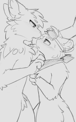 blush bodily_fluids duo eyewear fluffy goggles kerchief saliva saliva_string size_difference sweat snowybark adrian_(snowstormbat) mammal mustelid otter 5:8 absurd_res hi_res monochrome sketch