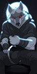 anthro arm_wrapping arm_wraps backlighting biped black_clothing bottomwear bulge cheek_tuft claws cloak clothed clothing facial_markings facial_tuft fingers fluffy full_moon fully_clothed fur fuzzy genital_danger_play glowing grey_body grey_fur hand_on_leg head_markings holding_melee_weapon holding_object holding_weapon inner_ear_fluff knife_play light looking_at_viewer male male_anthro markings mask_(marking) melee_weapon moon neck_tuft pants poncho presenting red_eyes seductive sickle_sword sitting smile solo spread_legs spreading tuft weapon wrapped_arms wraps wrist_wraps kinurubi dreamworks puss_in_boots_(franchise) death_(puss_in_boots) canid canine canis mammal wolf 1:2 2024 absurd_res hi_res lighting signature