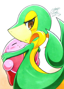 3_fingers ambiguous_gender anthro back_boob blush blush_lines bodily_fluids breasts brown_eyes carrying_another close_together clothing duo eyelashes eyes_closed feral fingers flat_chested food_on_face footwear green_body leaf looking_at_viewer looking_back looking_back_at_viewer mouth_closed multicolored_body neck_collar raised_tail rear_view red_clothing red_footwear red_shoes round_body shoes simple_background sweat sweatdrop tail tan_body unimpressed yellow_eyelids 025aki kirby_(series) nintendo pokemon kirby generation_5_pokemon pokemon_(species) snivy hi_res