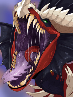 almost_fully_inside ambiguous_form ambiguous_gender big_fangs bodily_fluids cheek_frill duo fangs feral forked_tongue frill_(anatomy) frill_piercing furgonomic_piercing furgonomics green_eyes head_crest head_frill horn mouth_shot open_mouth oral_vore piercing pupils purple_tongue red_body saliva saliva_string sharp_teeth simple_background tail teeth tongue vore white_horn white_pupils swampjaws mythology dragon mythological_creature mythological_scalie scalie 3:4 hi_res
