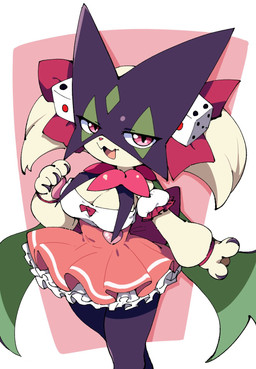 accessory anthro bow_ribbon breasts claws clothing dice female frilly frilly_clothing fur geometric_background green_body green_fur hair_accessory hair_bow hair_ribbon looking_at_viewer maid_uniform mask medium_breasts paws red_eyes ribbons simple_background solo uniform floral8x4 nintendo pokemon generation_9_pokemon meowscarada pokemon_(species) 2026 digital_drawing_(artwork) digital_media_(artwork) hi_res japanese_description