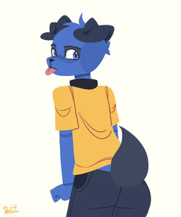 anthro black_collar black_nose blue_body blue_fur bottomwear butt clothing collar floppy_ears fur grey_body grey_bottomwear grey_clothing grey_fur grey_pants leaning leaning_forward looking_at_viewer looking_back male pants rear_view shaking_butt shirt simple_background solo tail tail_motion tailwag tongue tongue_out topwear white_background yellow_clothing yellow_shirt yellow_topwear dalueart dalue_(dalueart) canid canine canis domestic_dog mammal 2026 2d_animation animated animated_webp loop