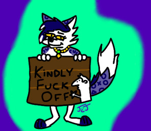 ambiguous_gender anthro blue_body blue_fur dialogue female flat_chested fluffy fluffy_tail fur gesture green_eyes hand_gesture highlights_(coloring) holding_object holding_sign middle_finger sign slim solo standing symbol symbol_on_head symbol_on_thigh tail thick_tail tomboy white_body white_fur white_highlights yellow_sclera unknown_artist lexps6_(character) domestic_cat felid feline felis mammal low_res