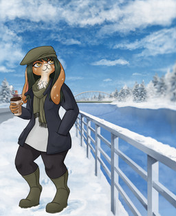 anthro beret beverage boots bottomwear bridge brown_body brown_fur building chest_tuft clothed clothed_anthro clothed_female clothing coffee coffee_cup container cup digitigrade evergreen_tree female floppy_ears footprint footwear front_view fur green_eyes green_hair hair hat headgear headwear house jacket lop_ears multicolored_body multicolored_fur outside pine_tree plant railing river scarf shoes sky snow solo spots sweater topwear tree tuft two_tone_body two_tone_fur ugg_boots white_body white_fur winter barbeerian kelly_hase domestic_rabbit lagomorph leporid lop_rabbit mammal oryctolagus rabbit 2024 absurd_res digital_drawing_(artwork) digital_media_(artwork) hi_res