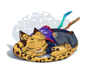 3_toes anthro arnis barefoot bottomwear clothing curled_up denim denim_bottomwear denim_clothing eyes_closed facial_markings feet female fur head_markings jeans jersey leaning_on_hand long_sleeves long_tail lying markings on_ground pants pawpads pointy_ears shirt simple_background sleeping smile solo spots spotted_body spotted_fur striped_markings stripes tail text text_on_clothing toes topwear torn_bottomwear torn_clothing torn_jeans torn_pants yellow_body yellow_fur ruffu pepper_(ruffu) felid feline mammal serval digital_drawing_(artwork) digital_media_(artwork)