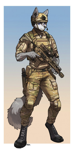anthro armor biped bottomwear claws clothed clothed_anthro clothed_male clothing digitigrade digitigrade_boots fingers front_view fully_clothed fully_clothed_anthro fully_clothed_male fur gun headgear helmet looking_at_viewer male ranged_weapon scar smile solo standing tail topwear weapon pgm300 canid canine canis mammal wolf 2026 absurd_res digital_drawing_(artwork) digital_media_(artwork) hi_res
