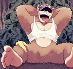 anthro banana_peel bottomless bottomless_male clothed clothing eyewear featureless_crotch forest hands_behind_head jungle kerchief male muscular muscular_male open_mouth pecs plant shirt sitting smile solo sunglasses tank_top tongue tongue_out topwear tree minashirazu donkey_kong_(series) nintendo funky_kong ape gorilla haplorhine mammal primate