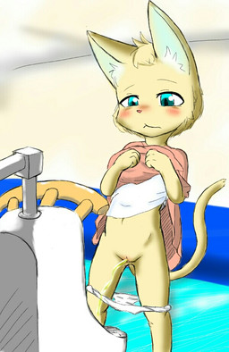 anthro blue_eyes blush bodily_fluids clitoris clothed clothing clothing_lift dress dress_lift female flat_chested fur genital_fluids genitals navel panties panties_down partially_clothed peeing solo standing underwear underwear_down urinal urine urine_stream vulva yellow_body yellow_fur young young_anthro young_female nikeneko domestic_cat felid feline felis mammal
