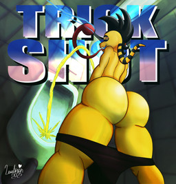 anthro bathroom big_butt bodily_fluids bottomwear bottomwear_down butt clothed clothing dutch_angle genital_fluids long_tongue looking_at_viewer looking_back low-angle_view male painted_background pants pants_down partially_clothed peeing skill solo text tongue urinal urine watersports yellow_body yellow_skin lewtrain bemani konami pop'n_music gere-gere_(pop'n_music) chameleon lizard reptile scalie 2025 absurd_res hi_res