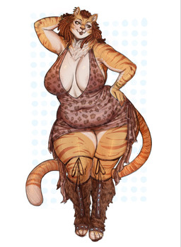 abstract_background animal_print anthro belly big_breasts breasts brown_hair claws cleavage clothed clothing curvy_figure dreadlocks dress ear_piercing ear_ring eyelashes female finger_claws fur hair hand_behind_head huge_breasts huge_hips huge_thighs leopard_print leopard_print_dress long_hair long_tail multicolored_body multicolored_fur orange_body orange_fur orange_stripes overweight overweight_anthro overweight_female piercing ring_piercing smile solo striped_body striped_fur stripes tail tan_body tan_fur thick_thighs voluptuous voluptuous_anthro voluptuous_female wide_hipped_anthro wide_hipped_female wide_hips yellow_eyes tendocake tylann_vanderbilt_(tallordeer) felid mammal pantherine tiger 2025 digital_drawing_(artwork) digital_media_(artwork) hi_res