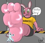 anthro blue_body duo feet foot_focus hindpaw light macro male paws pink_body erwill duracell duracell_bunny canid canine canis lagomorph leporid mammal rabbit wolf hi_res