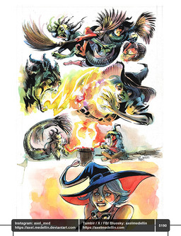 5_fingers 5_toes arms_bent barefoot bent_leg black_eyebrows blue_bottomwear blue_clothing blue_eyes blue_hair blue_hat blue_headwear blue_shirt blue_shorts blue_topwear bottomwear breath_powers broom bucket cleaning_tool clenched_teeth clothed clothed_female clothed_human clothing container crossed_legs duo empty_eyes eyebrows eyelashes eyewear feet female female_human fight fin fingers fully_clothed fully_clothed_female fully_clothed_human goggles goggles_around_neck green_body green_sclera green_skin grey_body grey_scales hair hat headgear headwear hitting_another holding_broom holding_bucket holding_cleaning_tool holding_container holding_object light magic magic_user medium_hair membrane_(anatomy) milk misunderstanding nervous nervous_smile scales sharp_teeth shirt shorts simple_background sitting split_form tail tail_around_neck tail_fin tan_body tan_skin teeth text toes topwear webbed_hands white_background witch witch_hat axelmedellin inktober witch_(axelmedellin) aquatic human humanoid mammal merfolk siren 2025 artist_name colored dated english_description lighting multiple_scenes painting_(artwork) pen_(artwork) signature traditional_media_(artwork) url