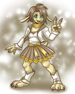 anthro bottomwear brown_hair claws clothing digitigrade female fur glyphs gold_ring green_eyes hair jewelry necklace pawpads skirt solo symbol emily_camissa bandai_namco digimon misaki_fuko canid canine canis digimon_(species) domestic_dog mammal salamon_x x-digimon absurd_res hi_res