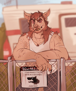 anthro beard blue_eyes bottomwear brown_beard brown_eyebrows brown_facial_hair brown_hair clothing eyebrows facial_hair front_view glistening glistening_eyes grey_bottomwear grey_clothing grey_pants hair looking_at_viewer male narrowed_eyes nipples one_eye_closed overweight overweight_anthro overweight_male pants pink_inner_ear pink_nipples pink_nose solo tan_body tan_ears tan_skin text topwear unsigned white_clothing white_topwear swampjaws hugh_(imperatorcaesar) canid canine canis domestic_dog mammal colored_sketch english_text sketch