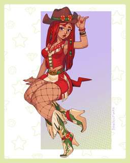 boots border bottomwear buckle clothing cowboy_boots cowboy_hat crossgender facial_piercing female fishnet_clothing fishnet_legwear footwear hair hat headgear headwear high_heeled_boots high_heels legwear lip_piercing piercing purple_eyes red_clothing red_hair shoes simple_background skirt solo tail topwear vest yellow_border dragoumare sega sonic_the_hedgehog_(series) knuckles_the_echidna humanoid 4:5 absurd_res hi_res