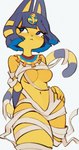 anthro bangs blue_eyes blue_hair bob_cut breasts clothing egyptian egyptian_clothing eyelashes female fingers front_view hair hand_on_hip hand_on_own_hip looking_away markings mummy_wrappings navel short_hair solo striped_markings striped_tail stripes tail tail_markings thick_thighs under_boob uraeus usekh wide_hips yellow_body yellow_inner_ear lenny-chi animal_crossing nintendo ankha_(animal_crossing) domestic_cat felid feline felis mammal 2024 hi_res portrait three-quarter_portrait