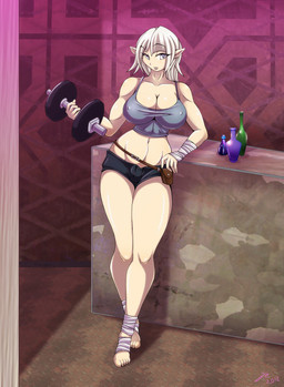 ankle_wraps big_breasts blonde_hair bottle bottomwear breasts cleavage clothed clothing container dumbbell exercise female grey_eyes hair halter_top looking_at_viewer navel nipple_outline not_furry short_hair shorts solo weightlifting weights wide_hips workout wraps wrist_wraps matypup elf humanoid hi_res