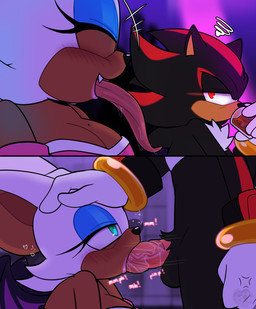 anthro big_breasts big_penis blush breasts brown_body cleavage clothed clothing duo eyes_closed fellatio female genitals headpat long_tongue looking_at_another male male/female mostly_nude oral penile penis sex tongue tongue_out tongue_out_fellatio vein veiny_penis eonbnnuy sega sonic_the_hedgehog_(series) rouge_the_bat shadow_the_hedgehog bat eulipotyphlan hedgehog mammal comic hi_res