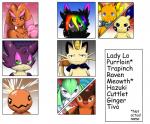 2017 alternate_color black_body black_fur blue_eyes brown_body brown_eyes brown_fur digital_media_(artwork) eevee english_text fan_character felid female feral fur generation_1_pokemon generation_3_pokemon generation_4_pokemon generation_5_pokemon green_eyes green_hair group hair hi_res humanoid kirlia lady_lo lagomorph looking_at_viewer lopunny male mammal minun multicolored_body multicolored_fur nintendo open_mouth pignite pink_eyes pokemon pokemon_(species) raichu raven_eevee raveneevee rodent shiny_pokemon simple_background smile suina text tongue trapinch