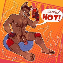5_toes anthro armpit_hair ball balls bodily_fluids body_hair cellphone chest_hair circumcised clothing electronics exercise_ball feet fingerless_gloves genitals glans gloves hair hairy_balls handwear happy_trail knee_pads looking_at_viewer male nipples pecs penis phone plantigrade pubes sitting sitting_on_ball smartphone smile solo suntan sweat tan_line text toes naudiz_(artist) canid canine canis dobermann domestic_dog mammal pinscher 1:1 english_text