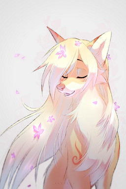accessory bangs black_eyebrows blonde_hair cheek_tuft eyebrows eyelashes eyes_closed facial_tuft female feral feral_with_hair flower flower_in_hair fur hair hair_accessory long_hair markings open_mouth orange_markings pink_nose plant purple_flower simple_background snout solo tan_body tan_fur teeth tuft yellow_body yellow_fur azzai canid canine fox mammal 2023 colored colored_sketch digital_drawing_(artwork) digital_media_(artwork) shaded sketch