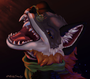abstract_background anthro black_body black_ears black_fur black_nose brown_eyes fur green_scarf grey_body grey_fur inner_ear_fluff looking_at_viewer male neck_scar open_mouth orange_body orange_fur pink_inner_ear pink_tongue scarf simple_background solo teeth tongue tuft white_body white_fur white_inner_ear_fluff alchesmity conditional_dnp luy_(alchesmity) canid canine fox island_fox mammal urocyon headshot_portrait portrait shaded signature three-quarter_portrait