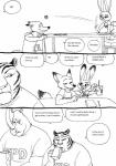 anthro bernielover beverage canid canine clothed clothing comic disney english_text felid female food fox fur group hi_res judy_hopps lagomorph leporid long_ears male mammal monochrome nick_wilde officer_fangmeyer officer_mchorn pantherine rabbit red_fox rhinoceros simple_background smile speech_bubble text throwing tiger true_fox white_background zootopia