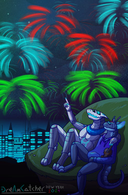 5_fingers antennae_(anatomy) anthro arm_around_shoulders biped bottomless bowed_string_instrument city city_lights claws clothed clothing countershading cute_fangs digitigrade duo eyeless fangs finger_claws fingers fireworks gesture grass grey_body hand_gesture heart_symbol hill hoodie hoodie_only looking_up machine male mostly_nude musical_instrument night open_mouth outside plant pointing reclining scarf scarf_only scark sitting star string_instrument tail teeth toe_claws topwear topwear_only violin white_body white_countershading dreamcatcher_(artist) komuros laszlo_(komuros) robot robot_anthro synth_(vader-san) 2024 digital_drawing_(artwork) digital_media_(artwork) hi_res signature