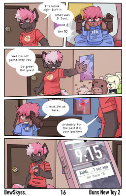 ageplay anthro blue_clothing blue_dress brown_body clothed clothing dialogue doll door dress female hair male neck_bow pink_eyes pink_hair plushie poster red_clothing red_shirt red_topwear roleplay shirt tail text topwear young bewskyss canid canine mammal absurd_res comic english_text hi_res