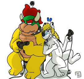 anthro blonde_hair collar controller duo game_controller hair horn male red_hair scales simple_background sitting smile spiked_collar spikes standing tail tattoo white_background white_body white_scales yellow_body yellow_scales bowserboy101 mario_bros mythology nintendo bowser nogard_krad_nox dragon koopa mythological_creature mythological_scalie scalie 2015
