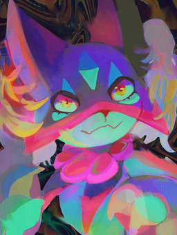 abstract_art abstract_background ambiguous_gender anthro green_body looking_at_viewer psychedelic solo yellow_eyes opryee nintendo pokemon felid generation_9_pokemon mammal meowscarada pokemon_(species) 3:4 bust_portrait colorful_theme hi_res portrait