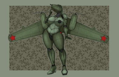 aircraft airplane anthro areola back_wings belly big_breasts black_nipples breasts cockpit female genitals green_body machine metallic_body navel nipples non-mammal_breasts non-mammal_navel non-mammal_nipples not_furry nude nude_anthro nude_female propeller simple_background smile solo thick_thighs vehicle vulva wings merusartz aeromorph living_aircraft living_machine living_vehicle hi_res