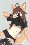 anthro brown_hair clothed clothing clothing_lift countershade_torso countershading female female_anthro fur hair looking_at_viewer midriff navel one_eye_closed shirt shirt_lift solo tan_body tan_fur topwear wink yshanii cotton_(yshanii) canid canine canis dingo mammal 2024 digital_media_(artwork) hi_res