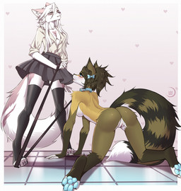 4_toes accessory all_fours anthro bdsm bedroom_eyes blue_pawpads bottomwear bow_ribbon clothed clothed_female clothing collar collar_only dominant dominant_female duo feet female female/female genitals hair hair_accessory hindpaw leash leash_pull leashed_collar legwear mistress narrowed_eyes nude nude_anthro nude_female pawpads paws petplay roleplay seductive skirt submissive submissive_female tail thigh_highs toes vulva lisaamint ophelia_(soaskep) topaz_(lipton) canid canine canis fox mammal wolf 2022 digital_drawing_(artwork) digital_media_(artwork) hi_res
