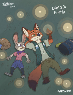 3_toes 4_fingers anthro backpack barefoot bird's-eye_view black_nose black_pawpads bottomwear cheek_tuft claws clothed clothed_anthro clothed_female clothed_male clothing count day_count dipstick_ears dipstick_tail duo ear_markings facial_tuft feet female female_anthro fingers fully_clothed fully_clothed_anthro fully_clothed_female fully_clothed_male fur gloves_(marking) grey_body grey_fur hand_behind_head high-angle_view hindpaw humanoid_hands inner_ear_fluff kerchief larger_anthro larger_male lying male male_anthro markings multicolored_body multicolored_ears multicolored_fur neckerchief neckwear on_back outside pants pawpads paws pink_nose plantigrade red_body red_fur shirt size_difference smaller_anthro smaller_female smile tail tail_markings text toe_claws toes topwear tuft two_tone_body two_tone_fur vest white_body white_fur aar0njay disney inktober inktober_2025 zootopia judy_hopps nick_wilde ambient_arthropod ambient_firefly ambient_insect canid canine european_rabbit fox lagomorph leporid mammal oryctolagus rabbit red_fox true_fox 2025 english_text hi_res
