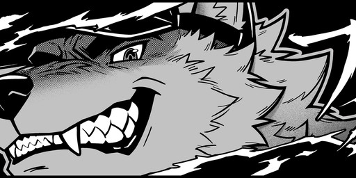 anthro black_background black_border black_clothing black_eyes black_hat black_headwear border canine_teeth clothing fangs fur furgonomic_hat furgonomic_headwear furgonomics glistening glistening_eyes grey_body grey_fur grin hat headgear headwear lips looking_at_viewer male onomatopoeia sharp_teeth simple_background smile smiling_at_viewer solo sound_effects teeth text revelion romulus_(revelion) canid canine canis mammal wolf 2026 greyscale hi_res japanese_text monochrome portrait