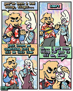 4_panel_comic aloha_shirt anthro bedroom_eyes belt belt_snap cheek_spots clothing dialogue duo ears_down floppy_ears fur half-closed_eyes imminent_bdsm male narrowed_eyes nervous nervous_smile overalls pattern_clothing pattern_shirt pattern_topwear pivoted_ears seductive shirt smile smirk smug smug_face smug_grin teeth text tooth_gap topwear white_body white_fur yellow_body yellow_fur rawdawgcomics bingus_(rawdawgcomics) stahli_(rawdawgcomics) bird_dog canid canine canis domestic_dog golden_retriever hunting_dog lagomorph leporid mammal rabbit retriever 4:5 comic english_text hi_res
