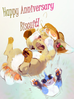 anniversary_art blue_body blue_skin brown_body brown_fur celebration cranberry_(food) flustered fur text throwing_character thrown zanthu nintendo pokemon skipper_(m4gg0t) generation_1_pokemon pokemon_(species) vulpix hi_res
