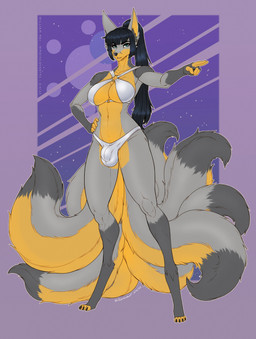 anthro bangs big_breasts big_ears bikini black_hair blue_eyes breasts bulge clothing detailed_bulge facial_markings fluffy fluffy_tail fur gesture gloves_(marking) grey_body grey_fur gynomorph hair hand_gesture head_markings intersex long_hair markings multi_tail pointing ponytail slim snout snout_markings solo standing swimwear tail two-piece_swimsuit under_boob white_bikini white_clothing white_swimwear yellow_body yellow_fur wmdiscovery93 quorii_(f1ukie) canid canine fox grey_fox mammal urocyon absurd_res hi_res huge_filesize herm_(lore)